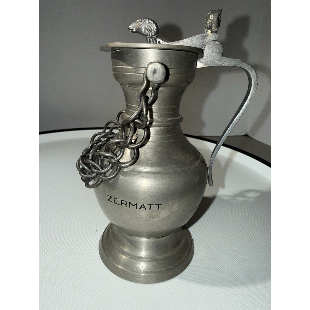 Vintage Guggisberg Lugano Pewter Swiss Chain 3 Ram Head Hinged Lid Pitcher/Vase